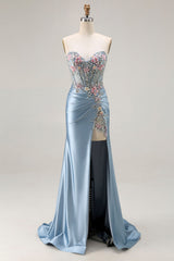 Grey Blue Mermaid Sweetheart Beaded Corset Prom Dress With Slit