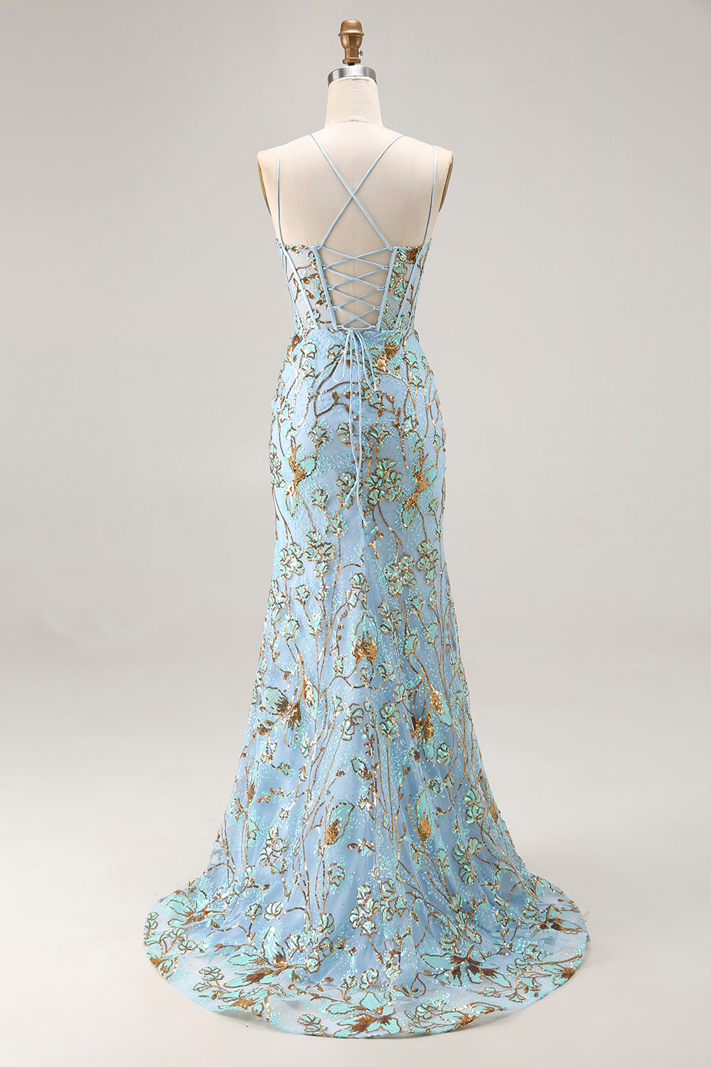Sparkly Lake Blue Mermaid Corset Prom Dress With Slit