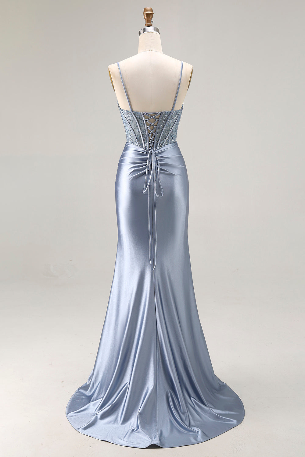 Grey Blue Mermaid Satin Beaded Corset Prom Dress With Slit