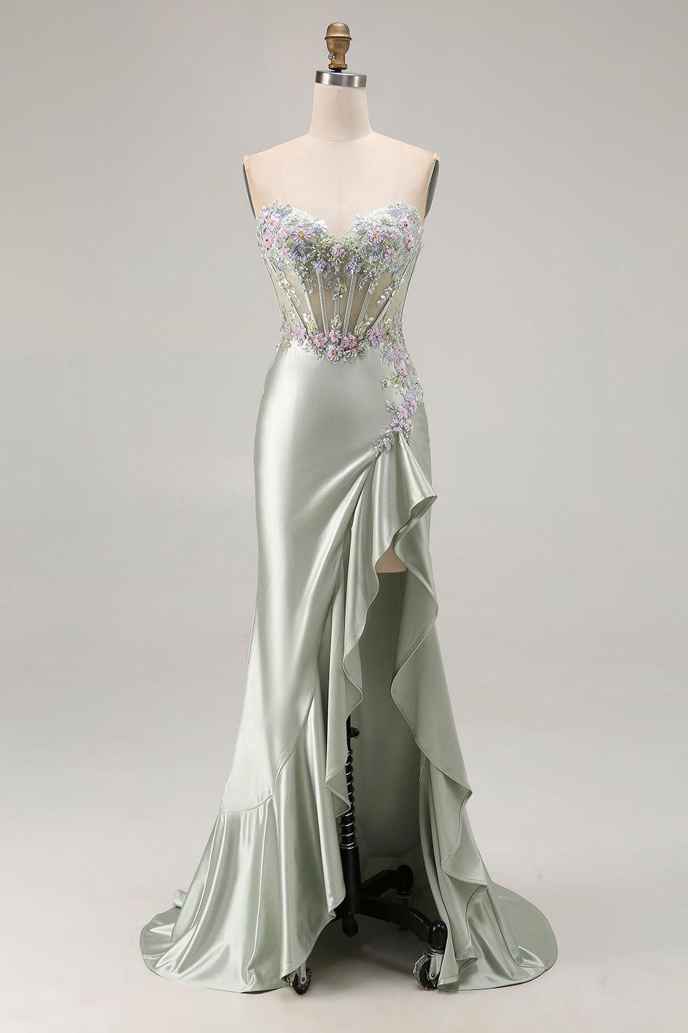 Dusty Sage Corset Appliqued Strapless Mermaid Prom Dress With Ruffle Slit