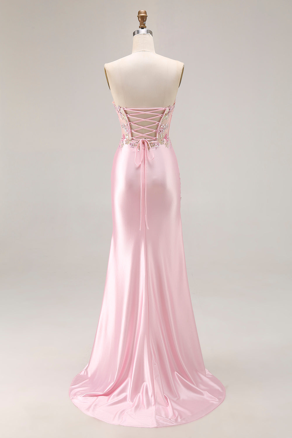 Pink Strapless Mermaid Appliqued Corset Prom Dress With Slit