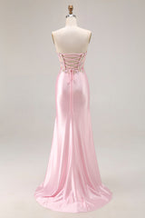 Pink Strapless Mermaid Appliqued Corset Prom Dress With Slit