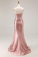 Dusty Rose Corset Satin Beaded Strapless Prom Dress With Slit