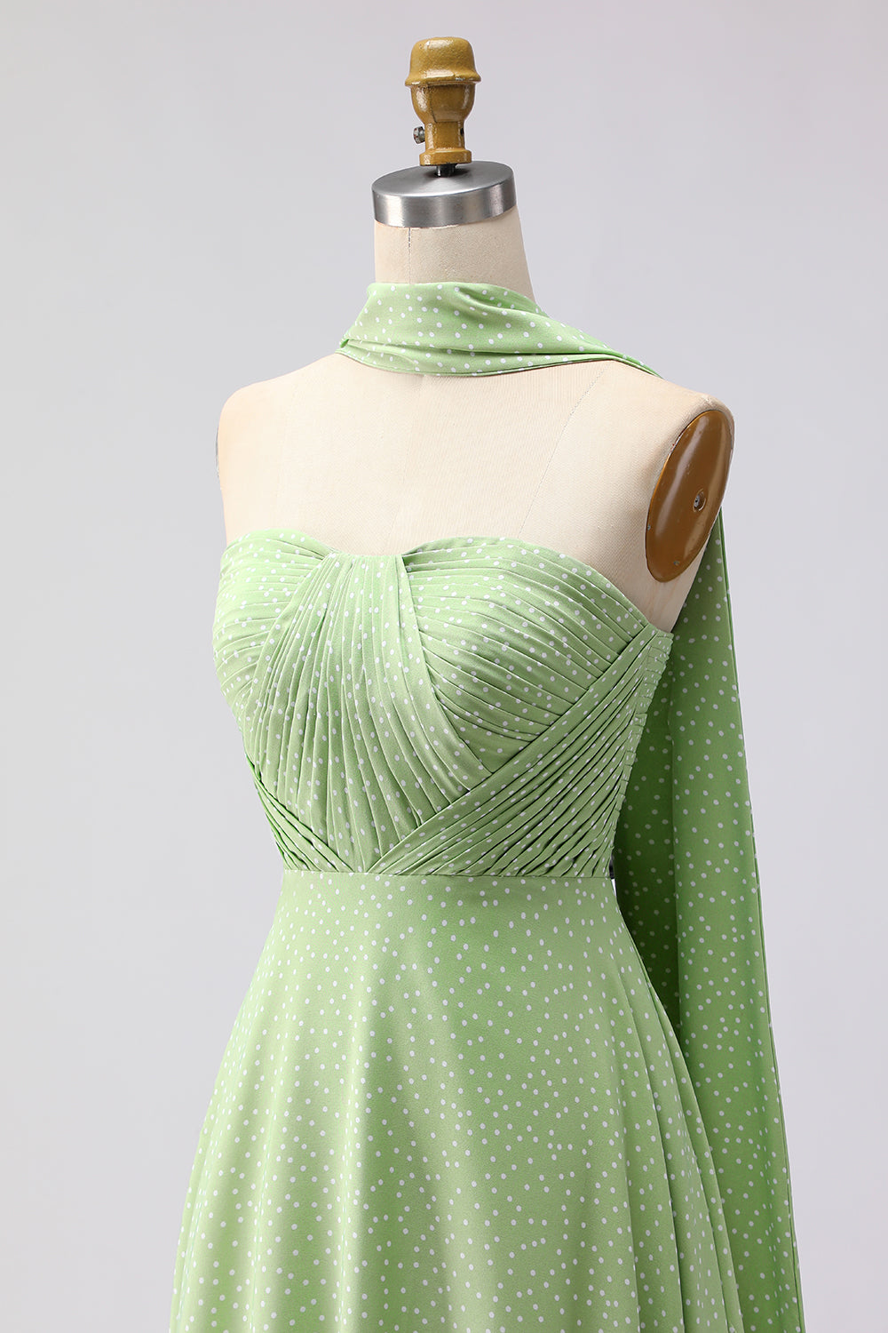 Strapless A Line Green White Polka Dot Bridesmaid Dress
