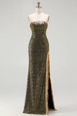 Strapless Black Golden Sequin Pearl Prom Dress With Slit