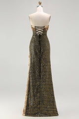 Strapless Black Golden Sequin Pearl Prom Dress With Slit