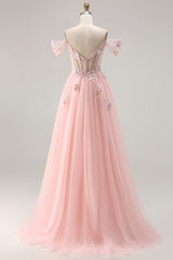 Off The Shoulder Corset A-Line Pink Prom Dress With Sequins