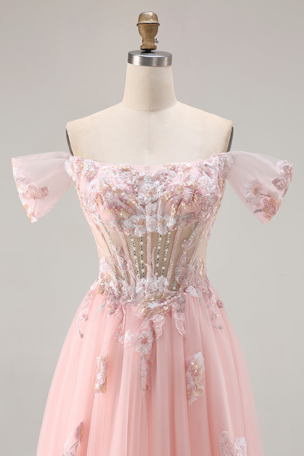 Off The Shoulder Corset A-Line Pink Prom Dress With Sequins