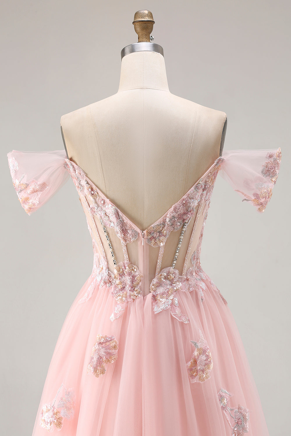 Off The Shoulder Corset A-Line Pink Prom Dress With Sequins