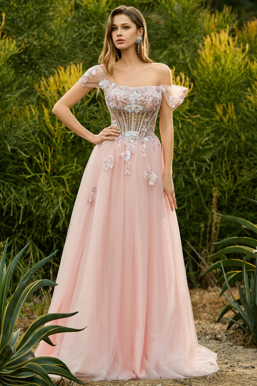 Off The Shoulder Corset A-Line Pink Prom Dress With Sequins