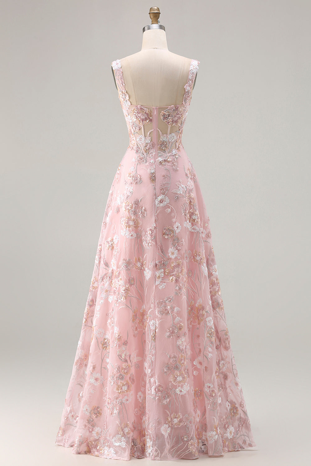 Pink Floral A-Line Corset Maxi Prom Dress With Sequins