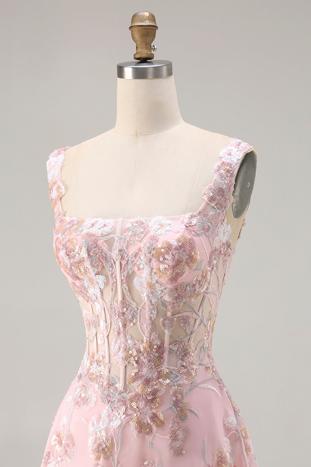 Pink Floral A-Line Corset Maxi Prom Dress With Sequins