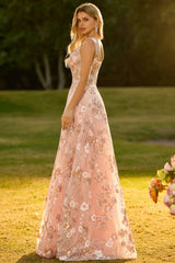 Pink Floral A-Line Corset Maxi Prom Dress With Sequins