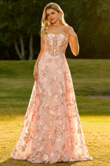 Pink Floral A-Line Corset Maxi Prom Dress With Sequins