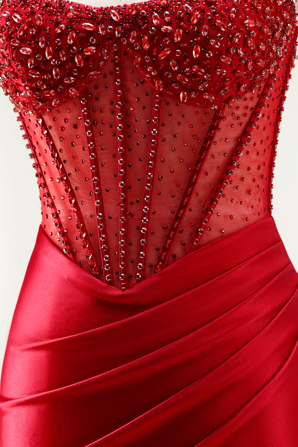 Red Strapless Mermaid Beaded Corset Prom Dress With Slit