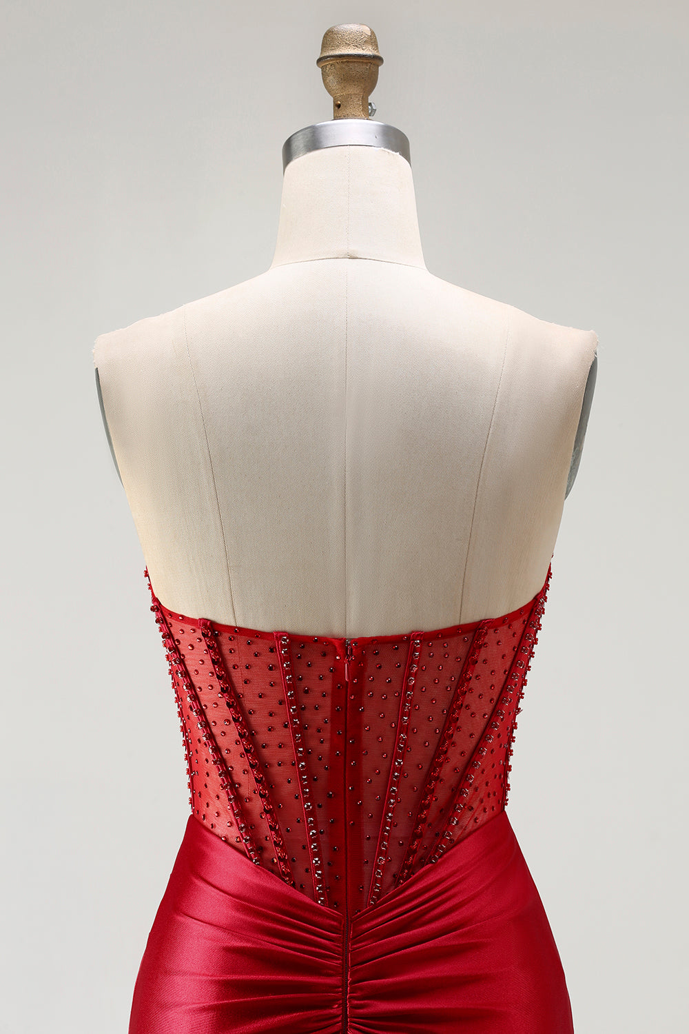 Red Strapless Mermaid Beaded Corset Prom Dress With Slit