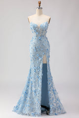 Sparkly Blue Sweetheart Mermaid Appliqued Prom Dress