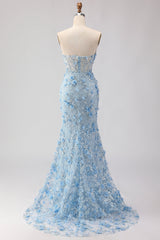 Sparkly Blue Sweetheart Mermaid Appliqued Prom Dress