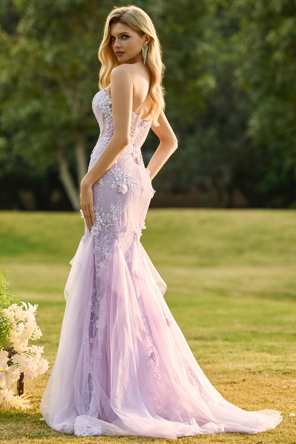 Purple Strapless Lace Mermaid Prom Dress With 3D Flowers