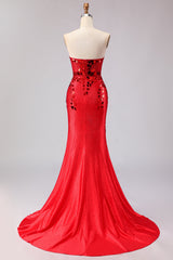 Sparkly Red Mermaid Strapless Beaded Prom Dress