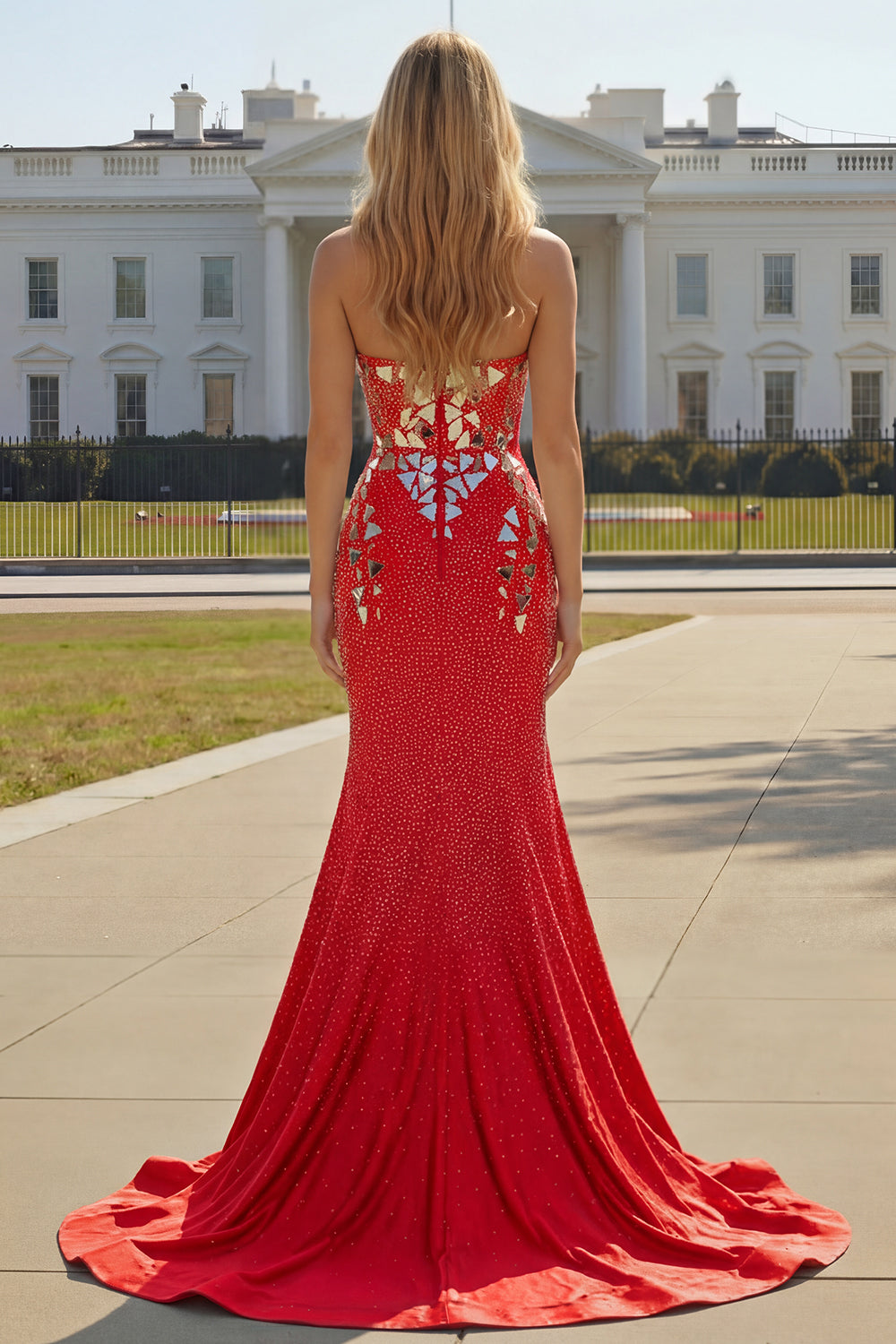 Sparkly Mermaid Royal Blue Strapless Beaded Prom Dress