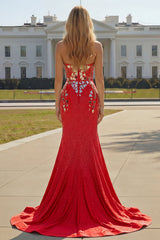 Sparkly Red Mermaid Strapless Beaded Prom Dress