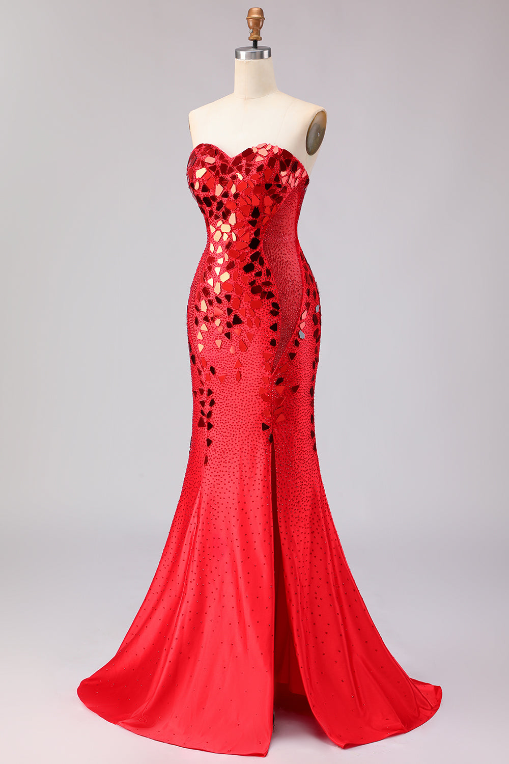 Sparkly Red Mermaid Strapless Beaded Prom Dress