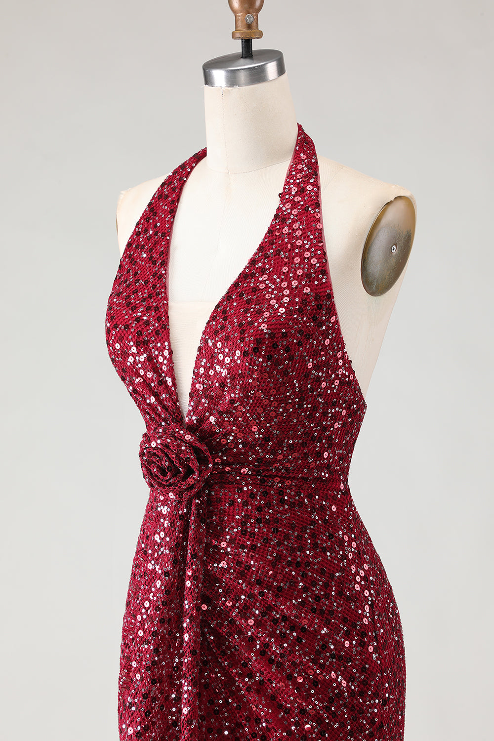 Sparkly Burgundy Halter Mermaid Prom Dress With Slit