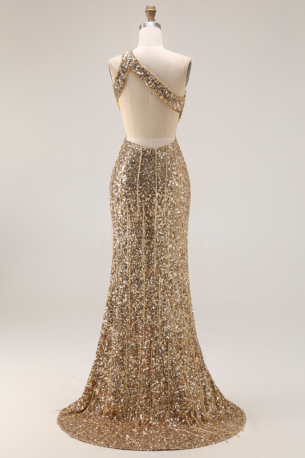 Sparkly Golden Mermaid Cut Out One Shoulder Prom Dress