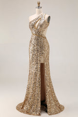 Sparkly Golden Mermaid Cut Out One Shoulder Prom Dress