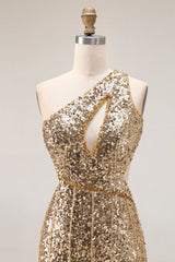 Sparkly Golden Mermaid Cut Out One Shoulder Prom Dress