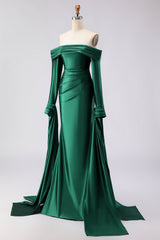 Dark Green Mermaid Off the Shoulder Satin Prom Dress