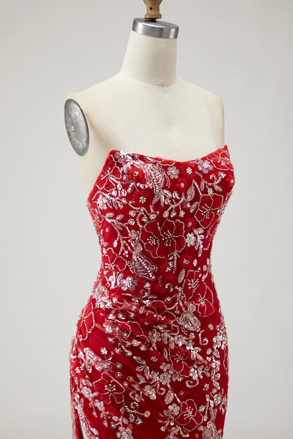 Red Strapless Mermaid Beaded Prom Dress With Slit