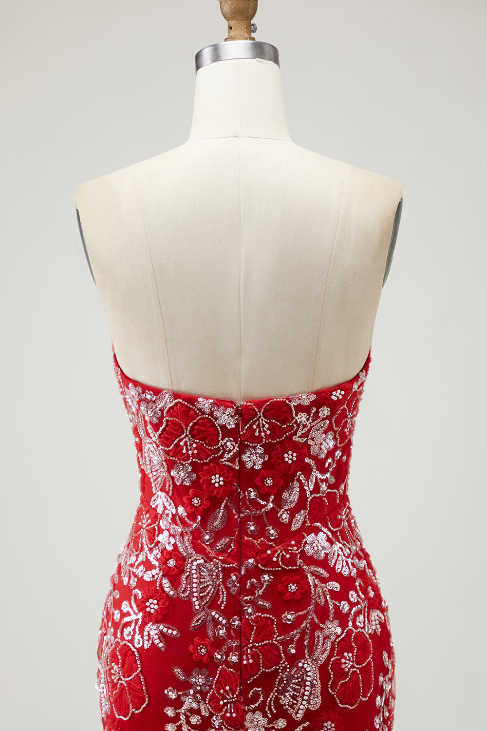 Red Strapless Mermaid Beaded Prom Dress With Slit