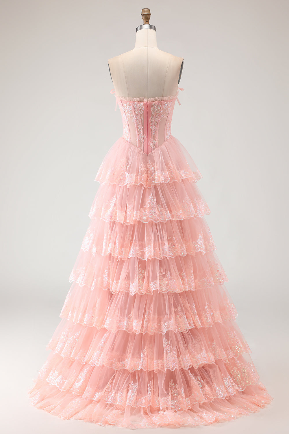 Strapless Tiered A-Line Tulle Corset Blush Prom Dress With Slit