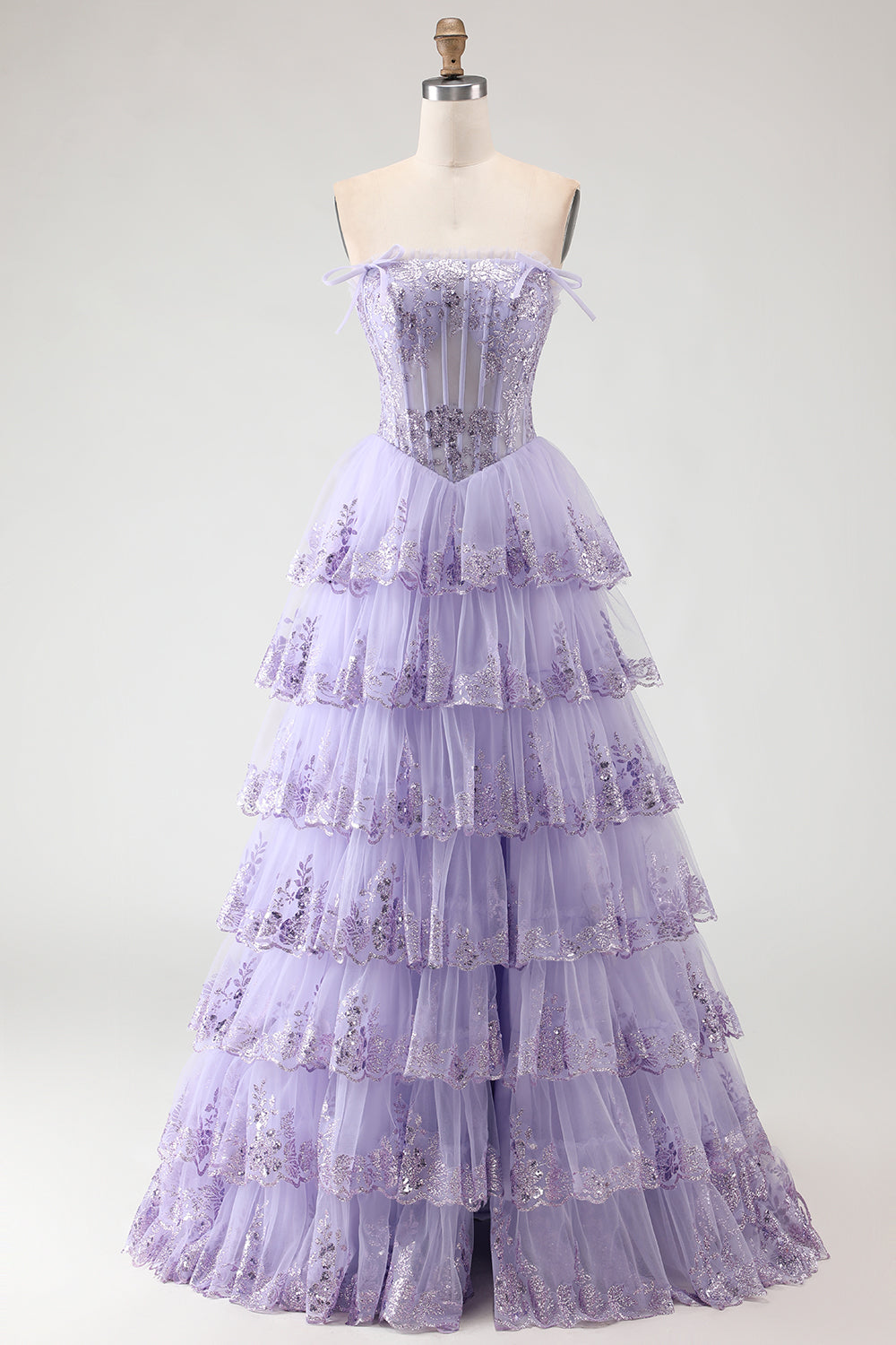 Strapless Tiered A-Line Tulle Corset Blush Prom Dress With Slit