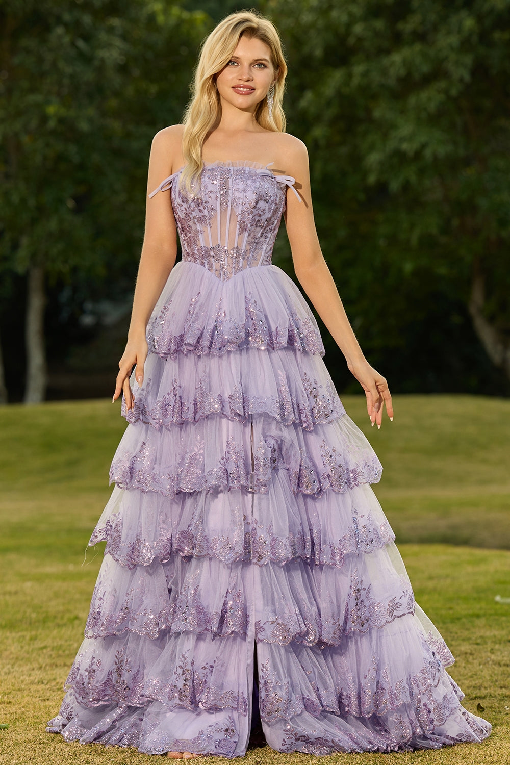 Strapless Tiered A-Line Tulle Corset Blush Prom Dress With Slit