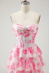 White Pink Flower A-Line Corset Tiered Strapless Prom Dress With Slit