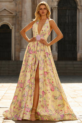 Yellow Pink Floral Halter A Line Maxi Prom Dress