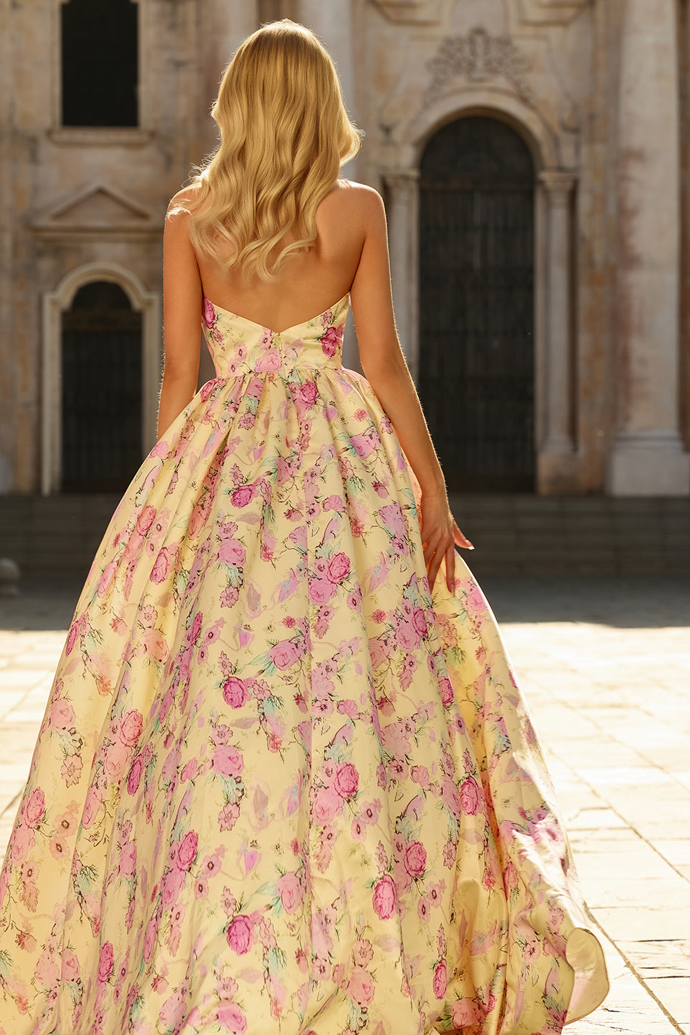 Yellow Pink Floral Halter A Line Maxi Prom Dress