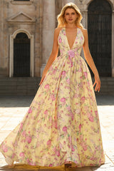 Yellow Pink Floral Halter A Line Maxi Prom Dress
