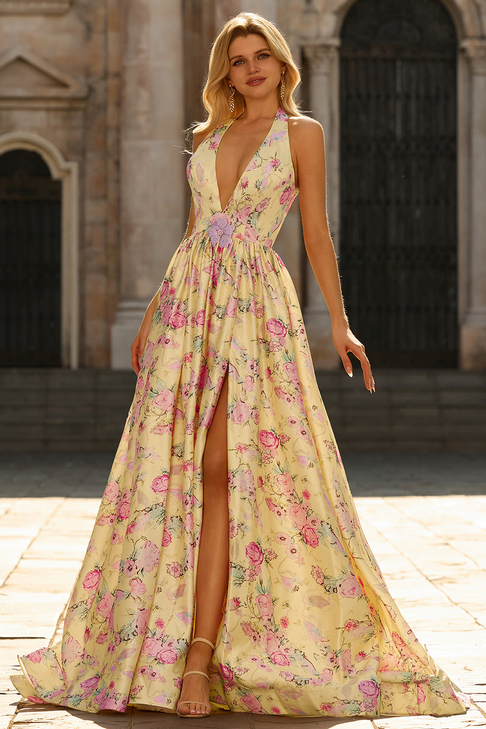 Yellow Pink Floral Halter A Line Maxi Prom Dress