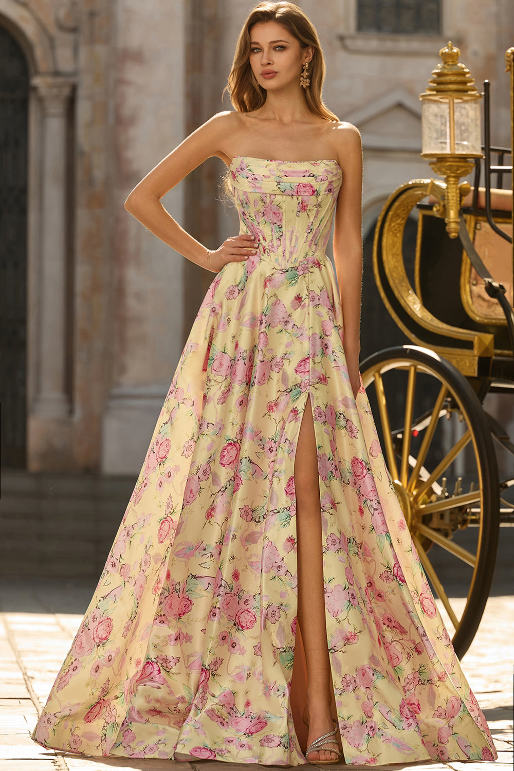 Yellow Pink Floral Strapless Corset A Line Prom Dress