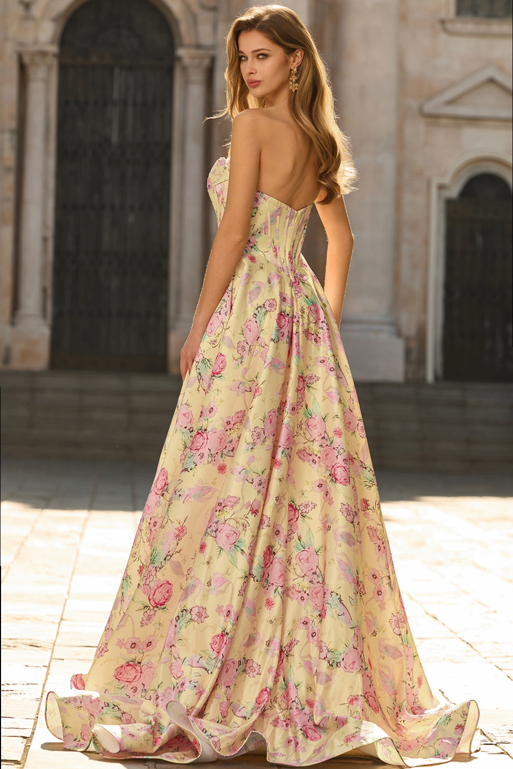Yellow Pink Floral Strapless Corset A Line Prom Dress