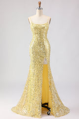 Sparkly Yellow Mermaid Maxi Prom Dress with Slit