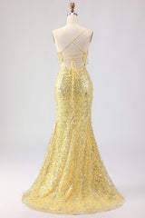 Sparkly Yellow Mermaid Maxi Prom Dress with Slit