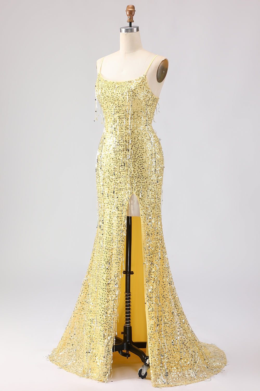 Sparkly Yellow Mermaid Maxi Prom Dress with Slit
