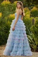 Blue Floral Tiered Corset Maxi Prom Dress