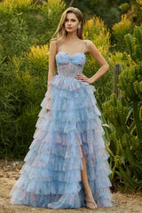 Blue Floral Tiered Corset Maxi Prom Dress
