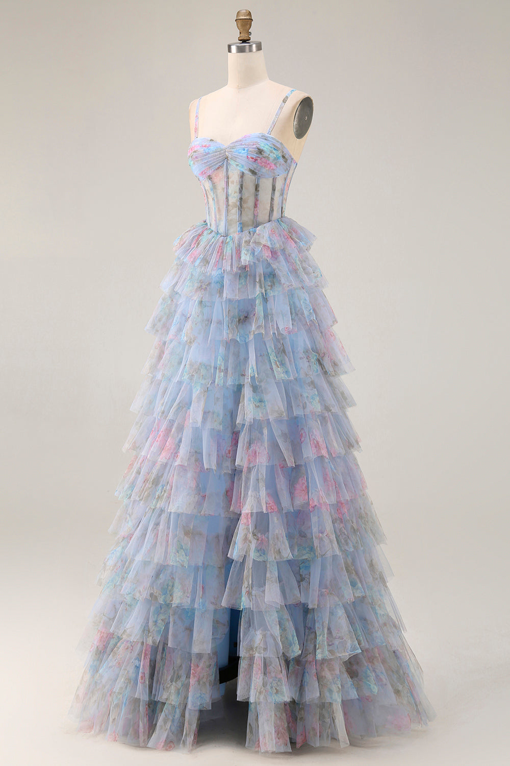 Blue Floral Tiered A-Line Corset Tulle Prom Dress With Slit